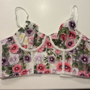 Anthropologie Sheer Bralette with Pink Floral Embroidery